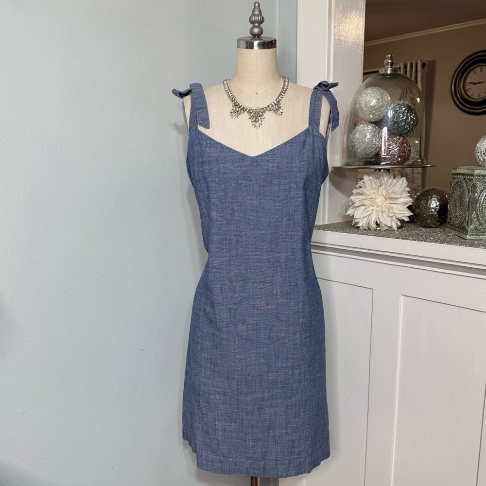 J. Crew Shoulder Tie Denim Blue Chambray Dress Size Large - Picture 3 of 12